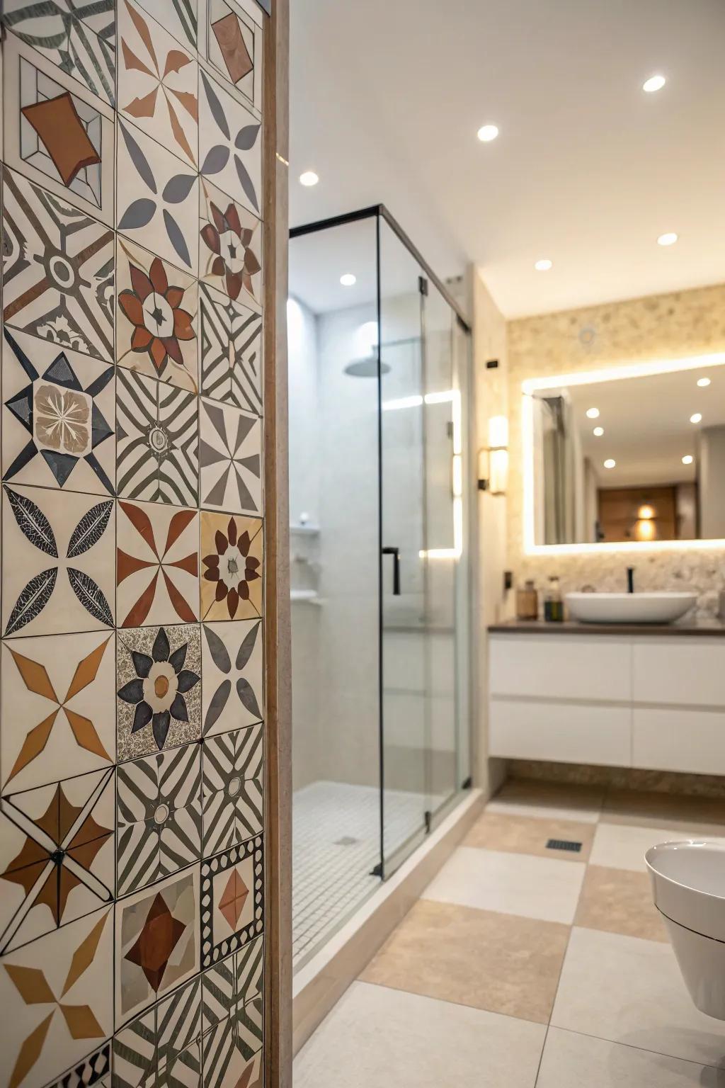 A modern shower room featuring stylish geometric patterns.