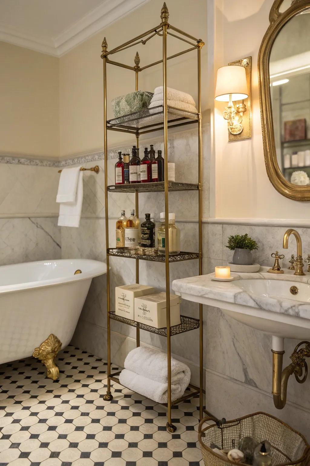 Vintage brass shelves impart a timeless elegance to your shower space.