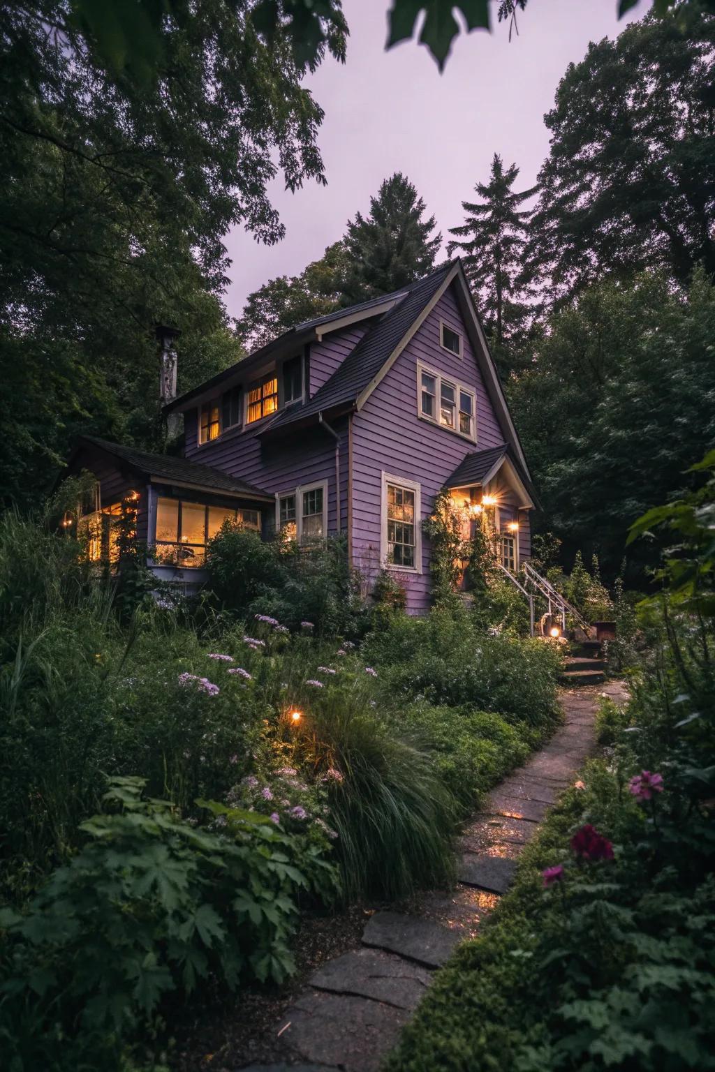 Enigmatic plum outer walls for a bewitching and singular dwelling.