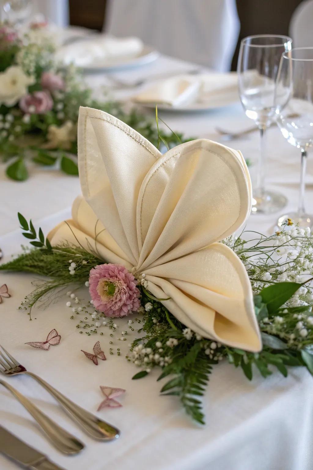 A cloth crafted into a fluttering wings, bringing a whimsical and airy touch to your table.