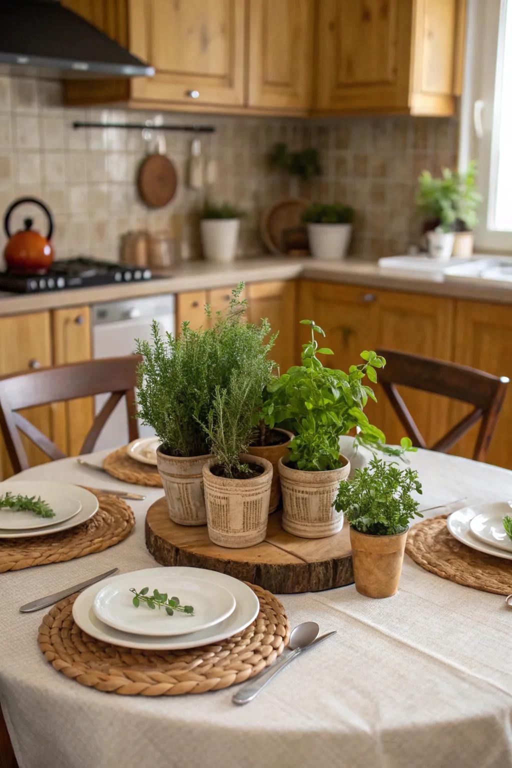 Herbs in rustic containers provide a fragrant and green centerpiece.