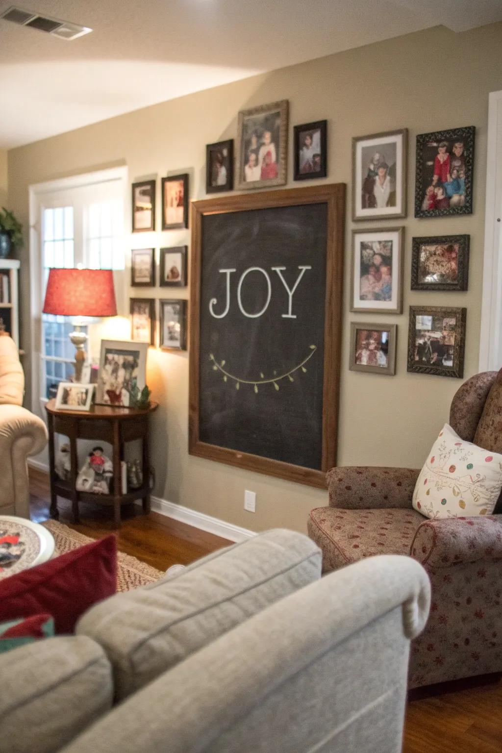 A family room featuring a chalkboard quote that celebrates joy.