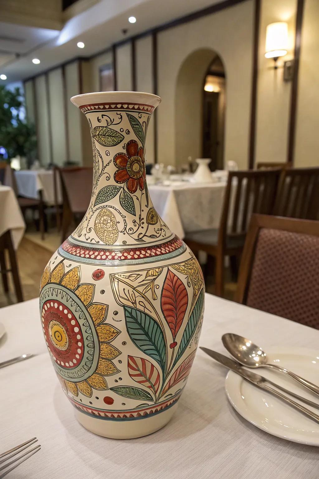 A hand-painted fractal design transforms a simple pottery vase into art.