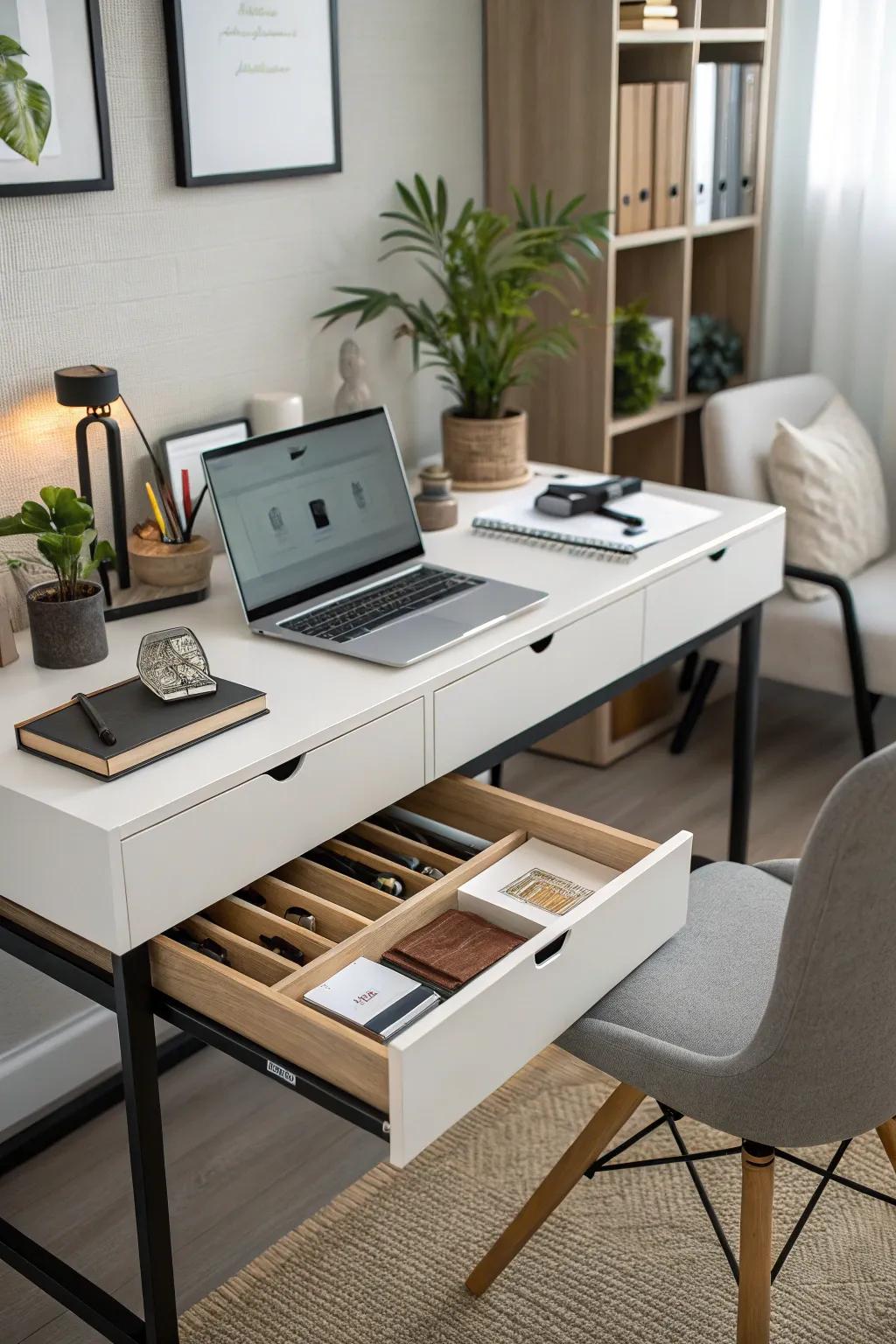 Use hidden storage to keep your workspace uncluttered.