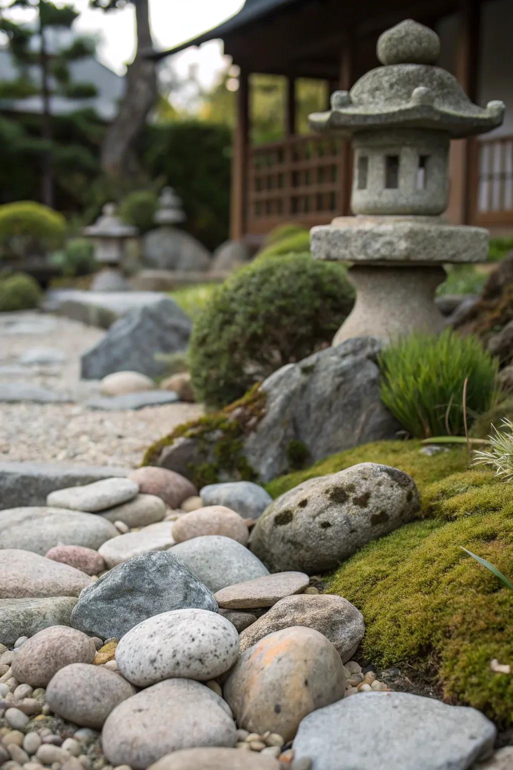 Layered rocks introduce depth and texture to garden landscapes.