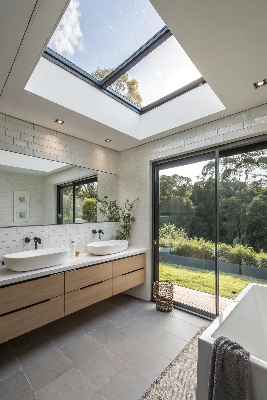 A sleek bathroom featuring a skylight that benefits from the clean lines of invisible trim.