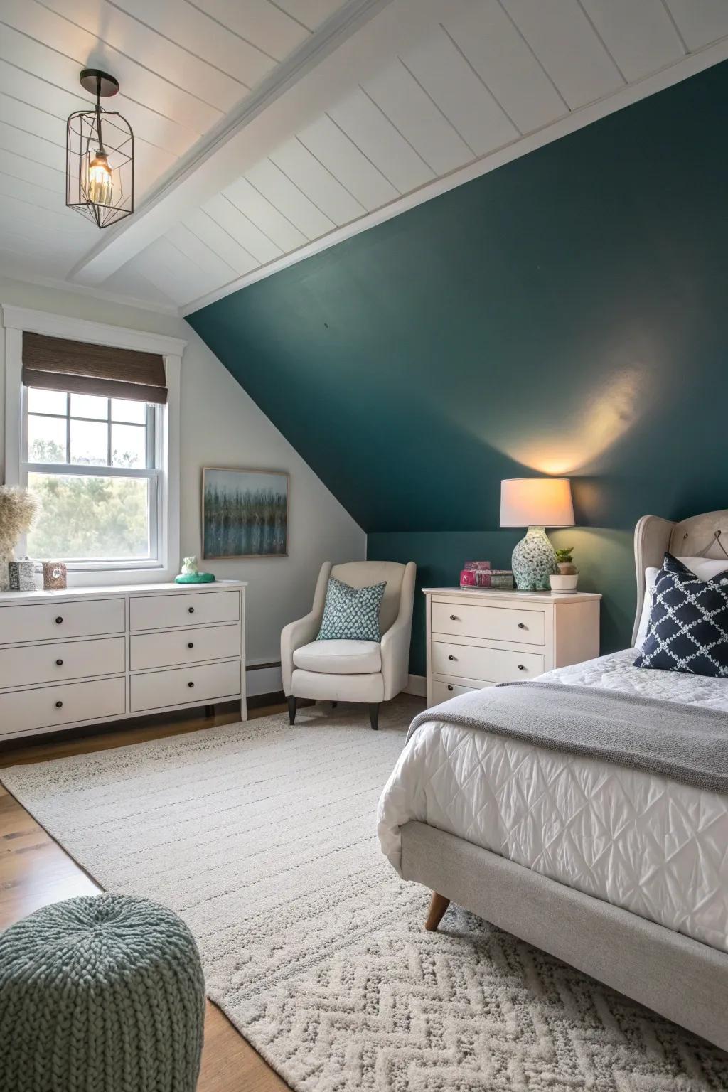 This chic bedroom's gradient painting gives the impression of greater height and space.