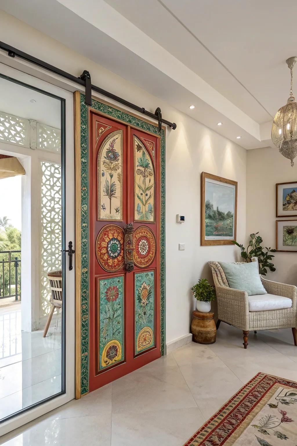 This artistic sliding door becomes a stunning focal point in the room.