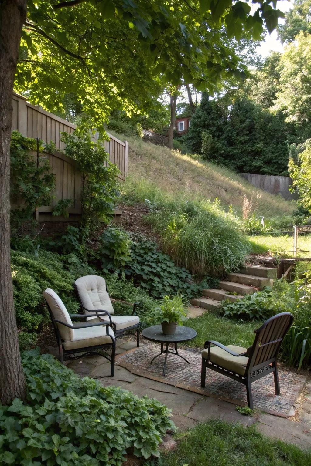 A cozy nook for relaxation amidst the garden.