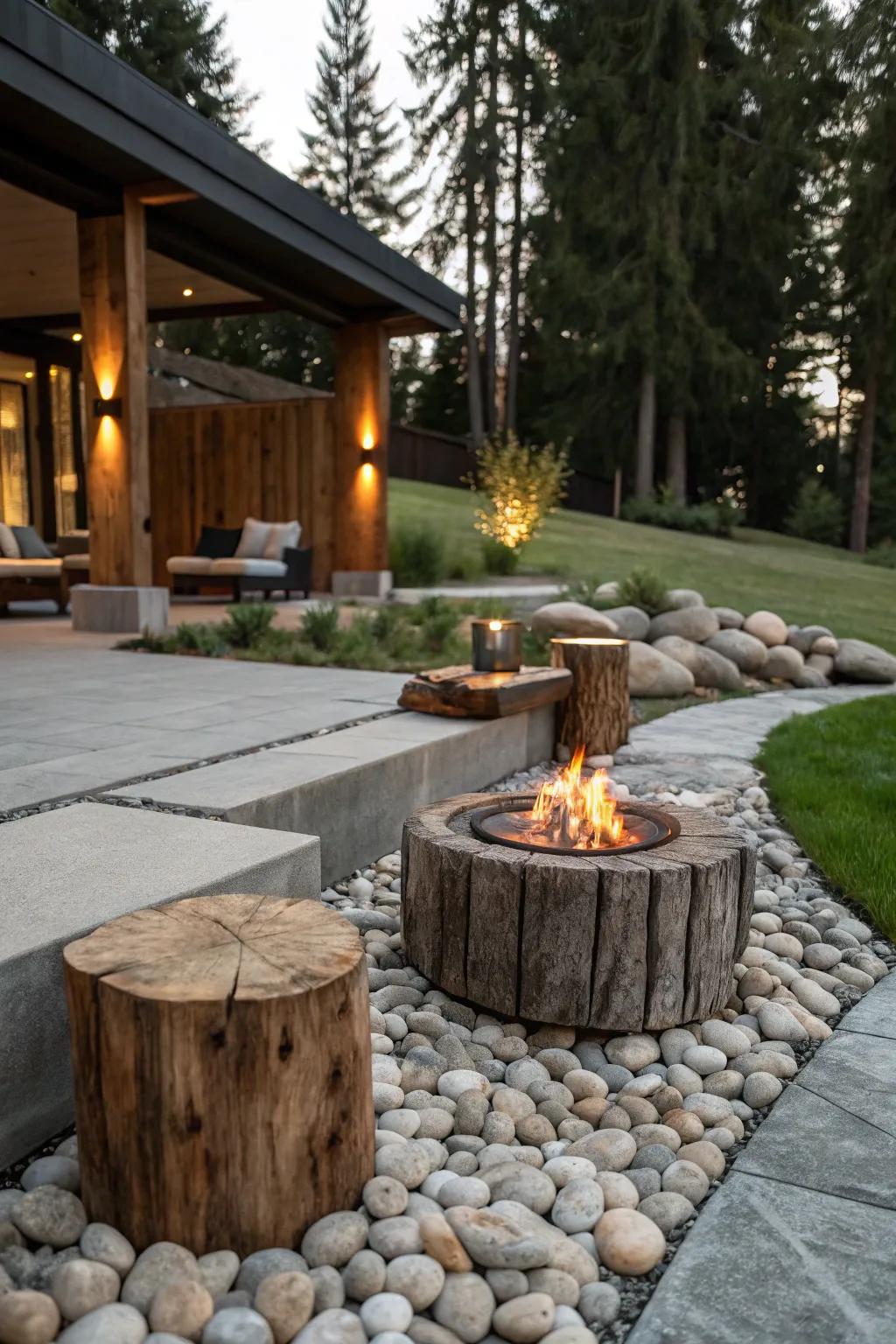A blend of stone and wood materials creates a balanced and stylish hearth area.