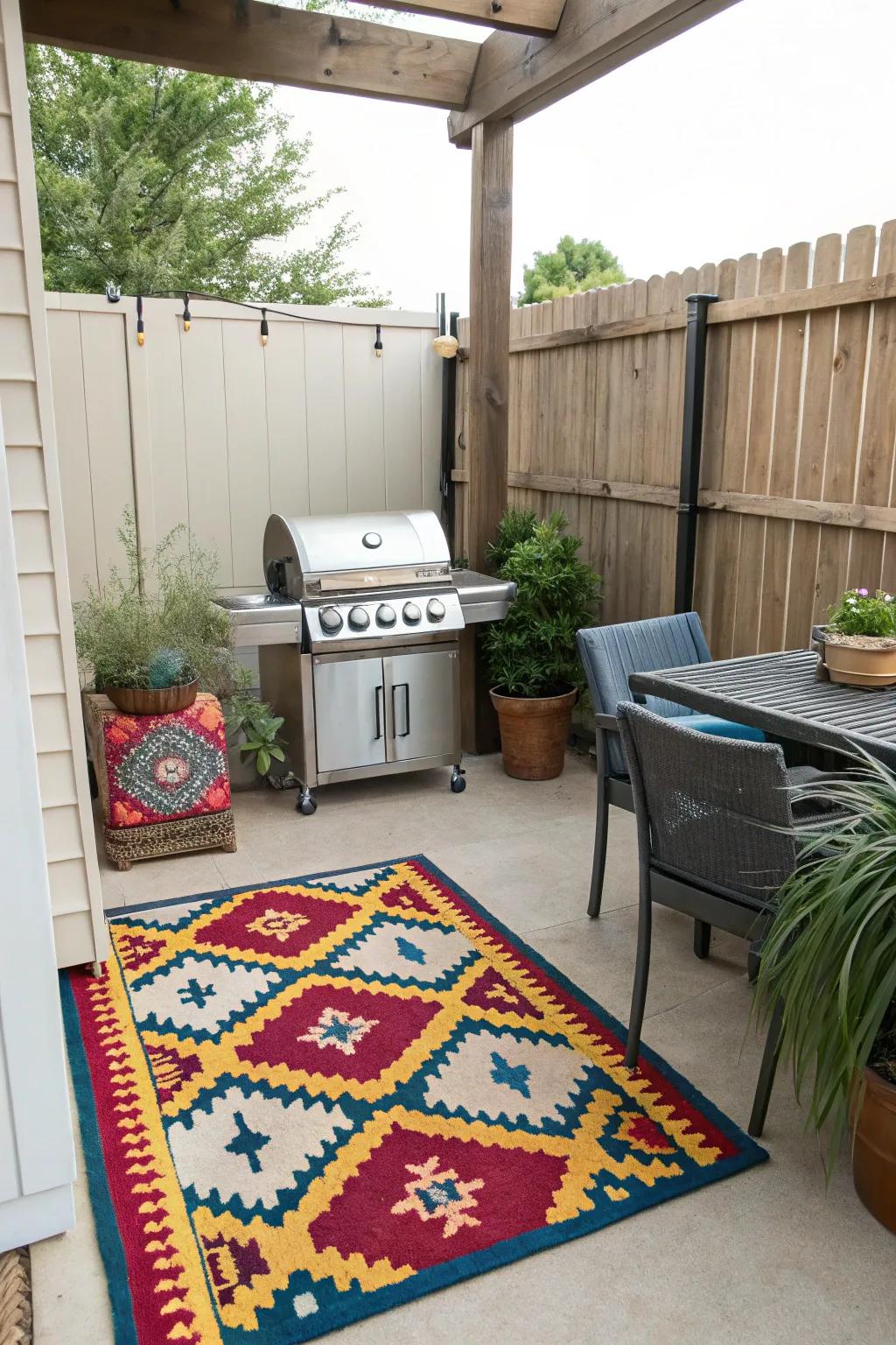 A bright outdoor rug enhancing the appeal of a small patio.