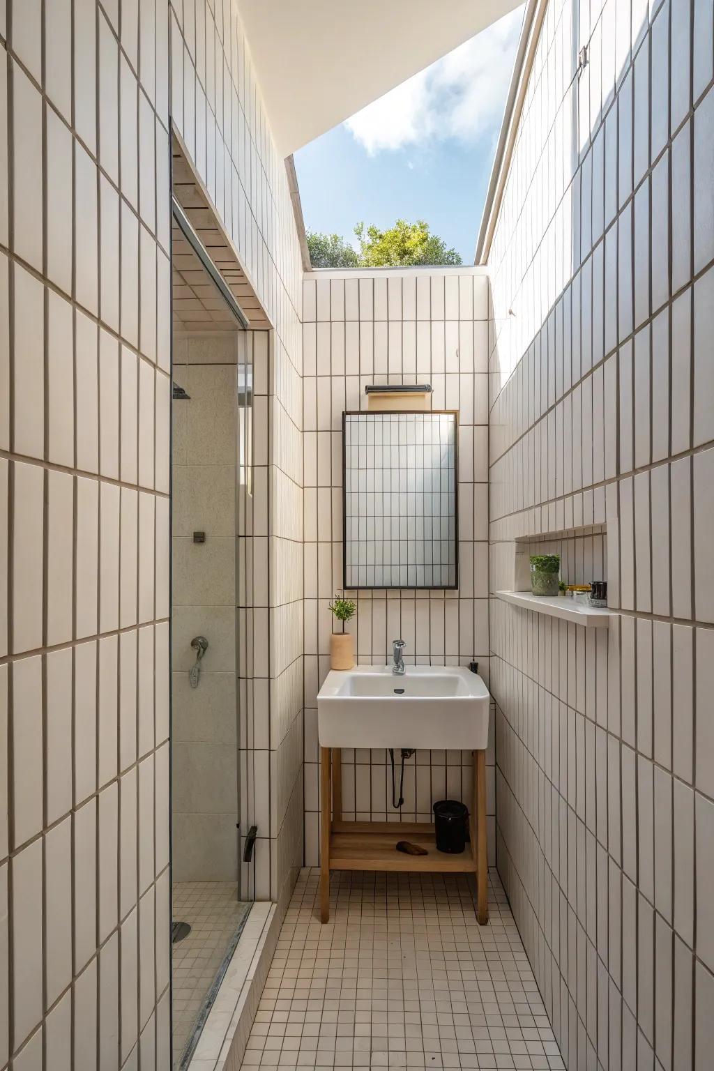 Upright tiles can create the illusion of taller ceilings within a compact bathroom.