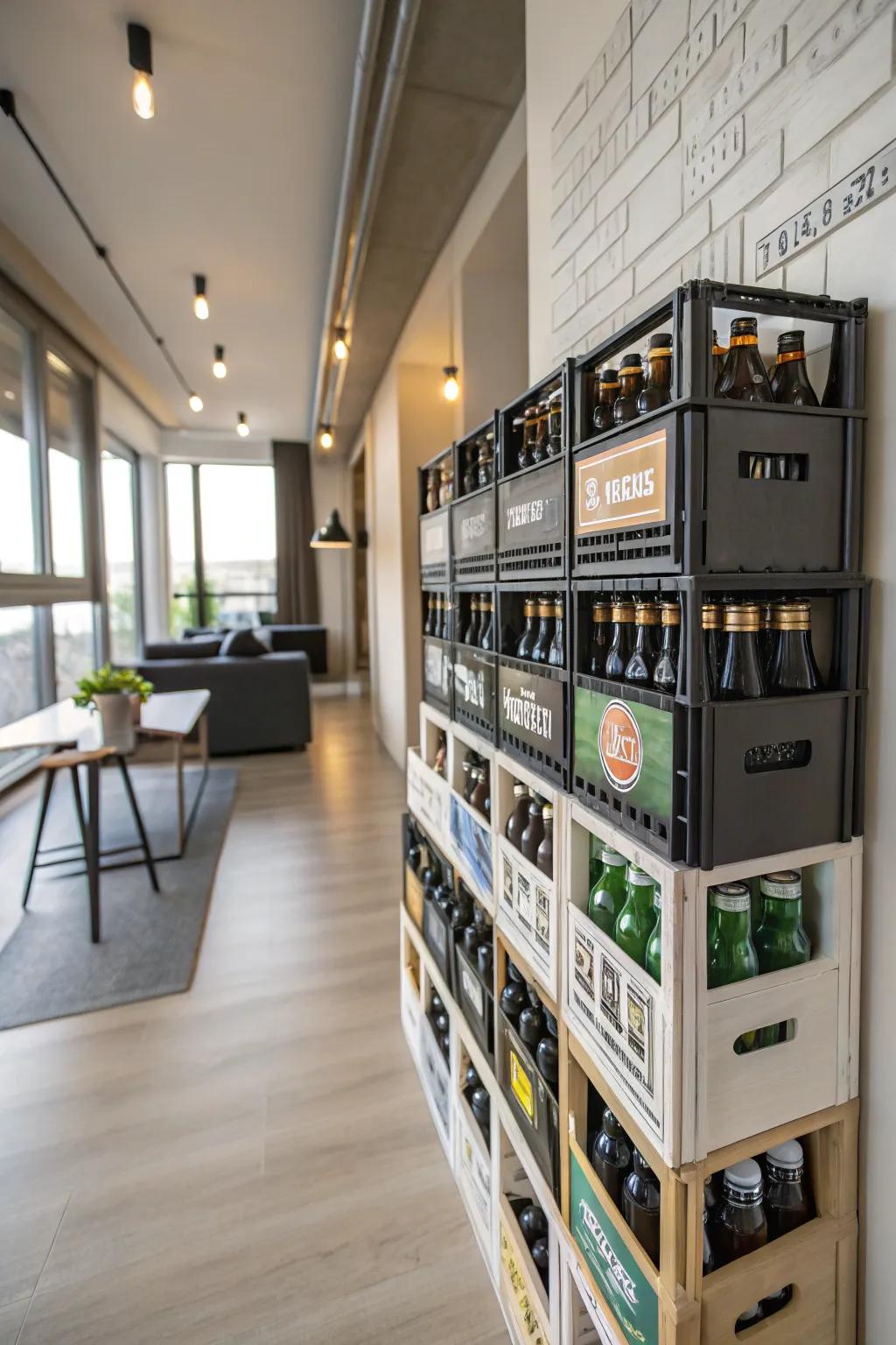 Space-saving wall-mounted crate beer display.