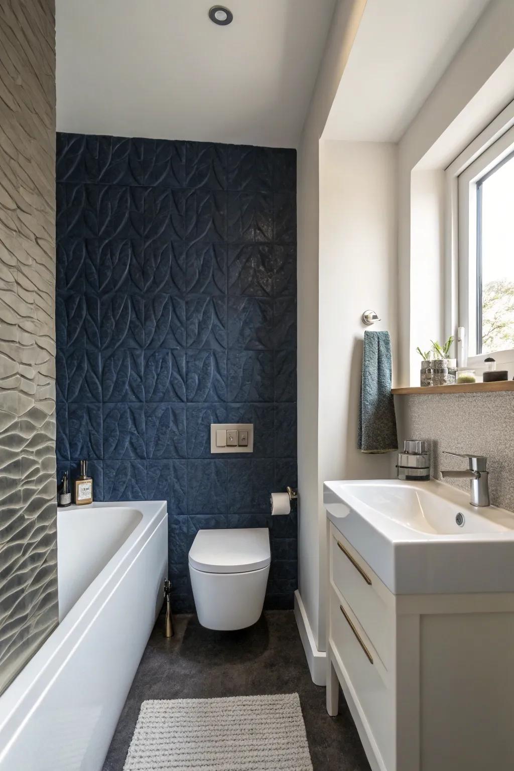 A textured blue feature wall cultivates a striking feature inside this small bathroom.