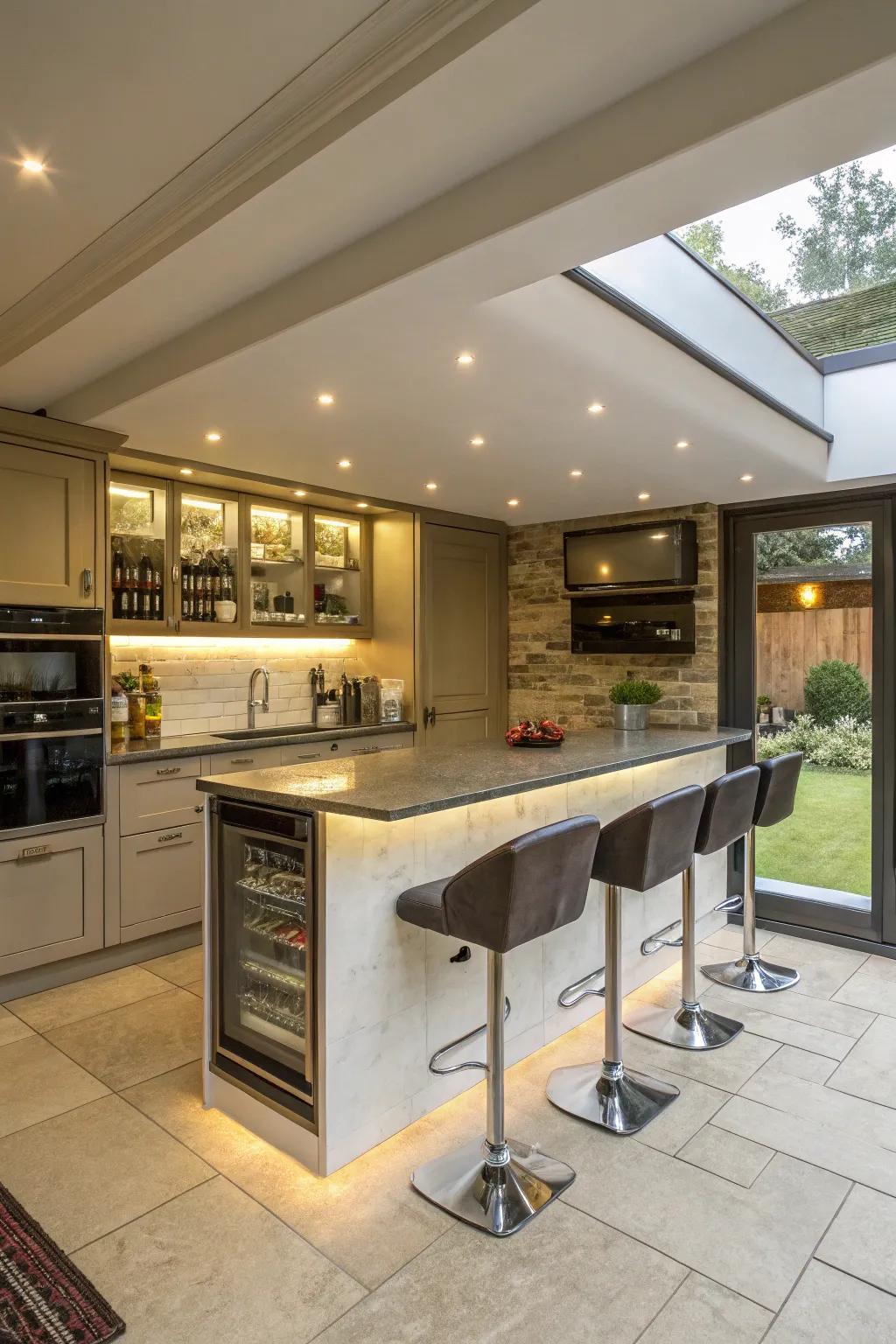 A kitchen extension with a multi-functional dry bar.