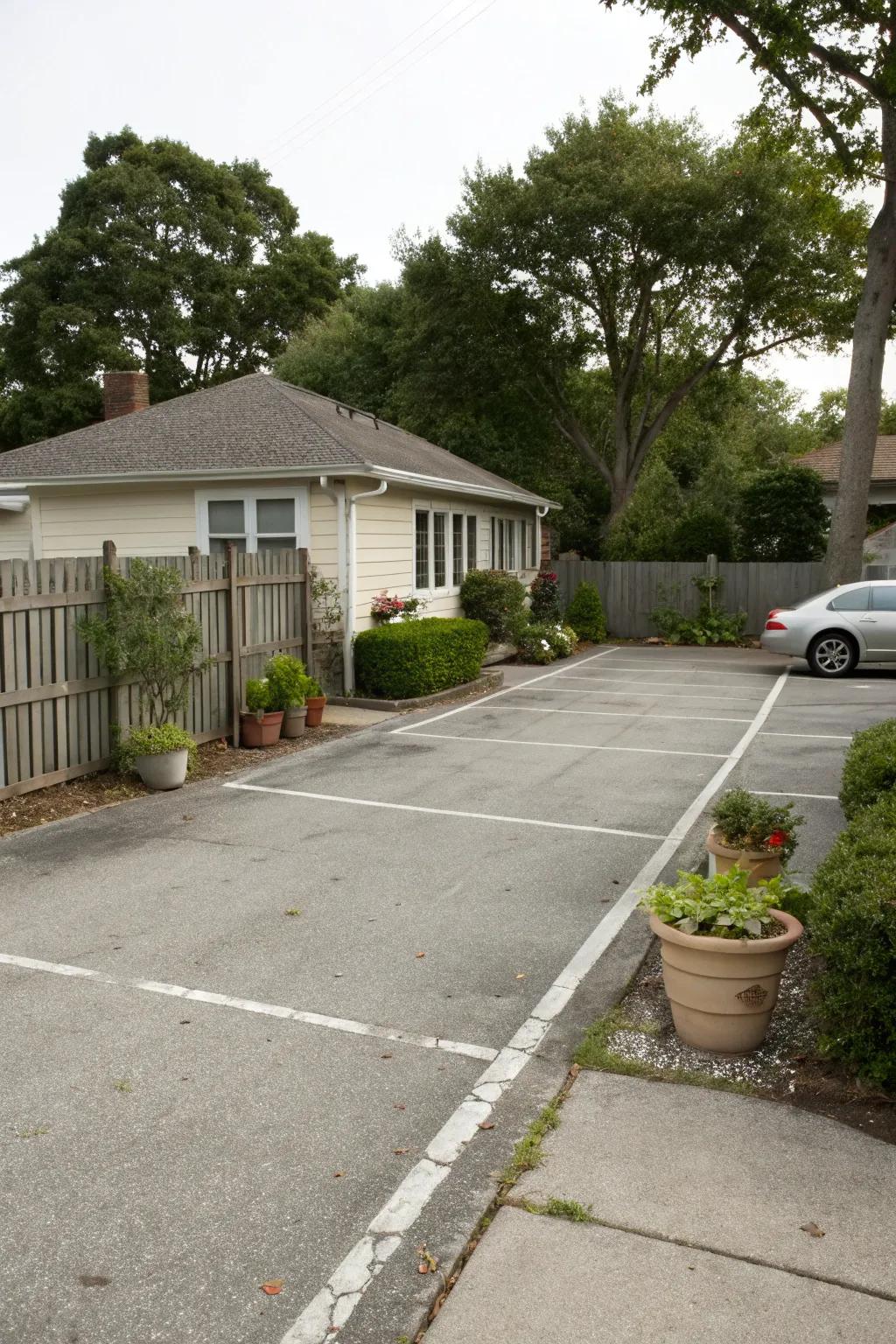 A double wide driveway maximizes parking expanse in a diminutive yard.