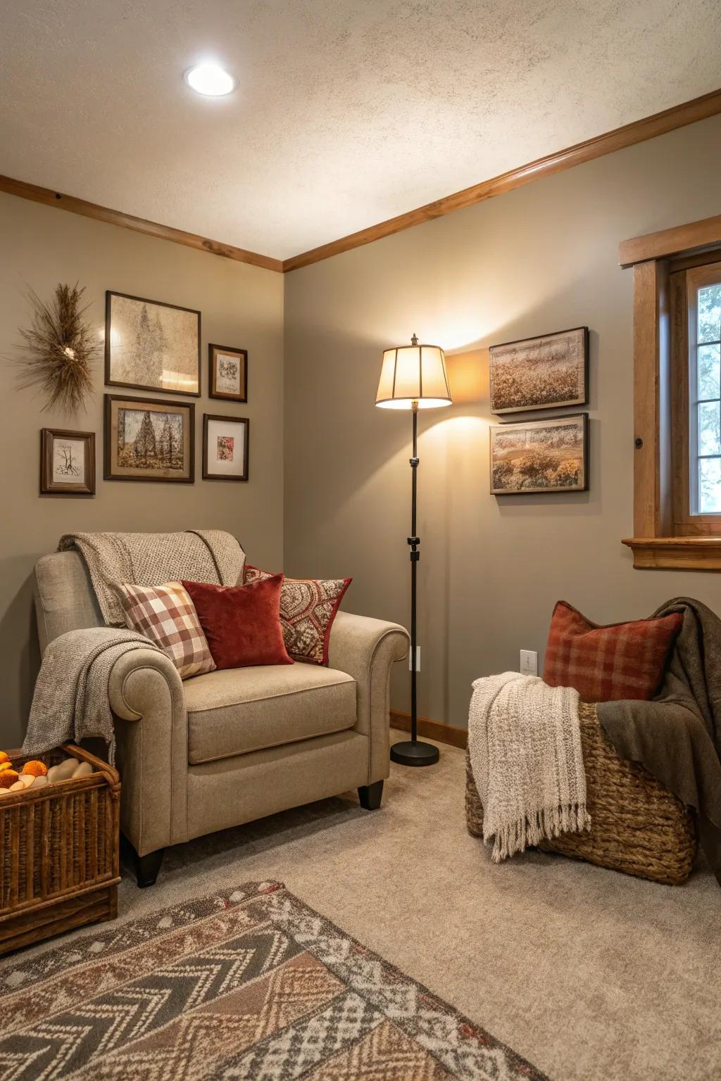 A compact living area with taupe walls for a cozy ambiance.