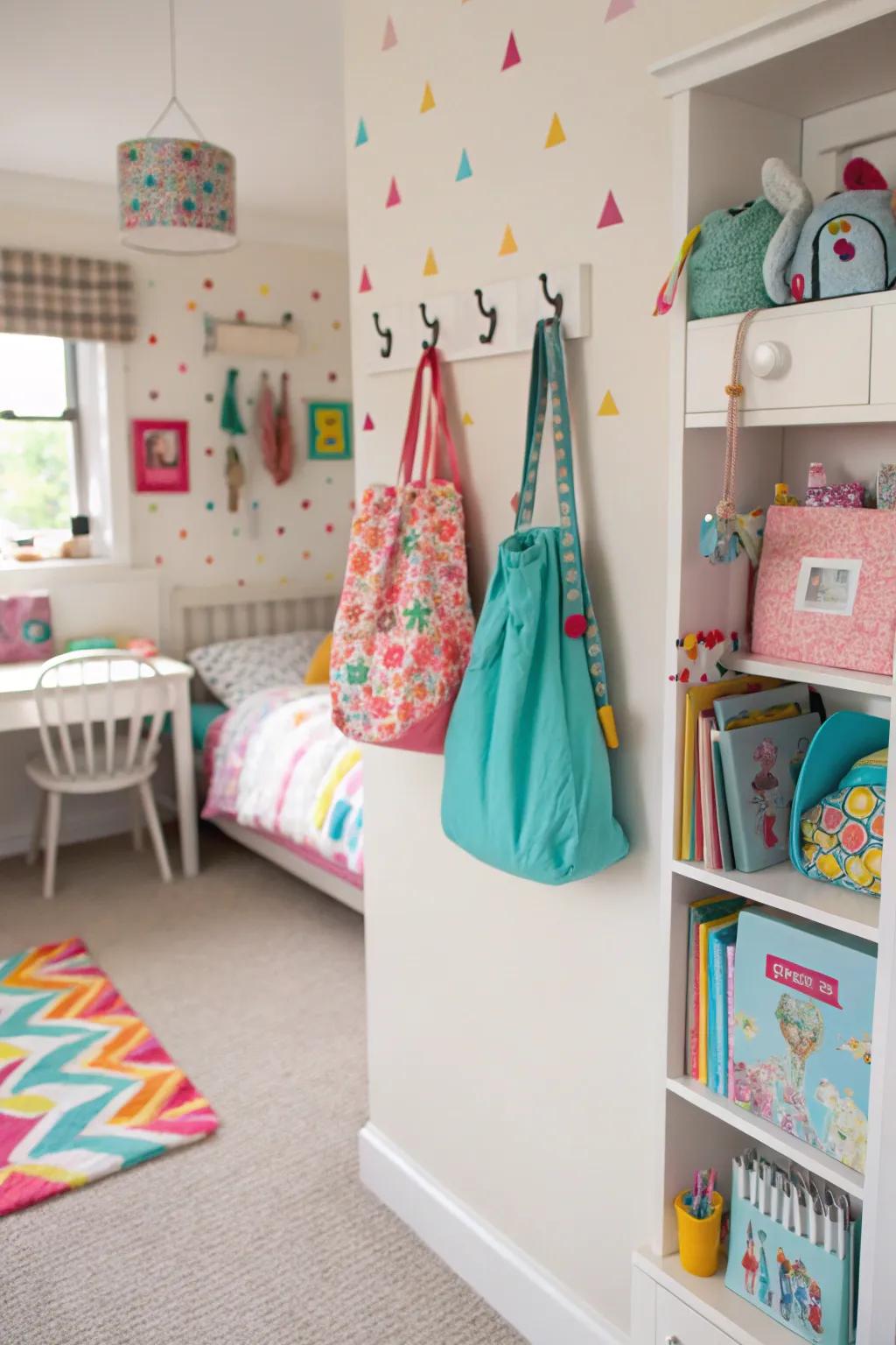 Wall hooks help organize and free up floor space.