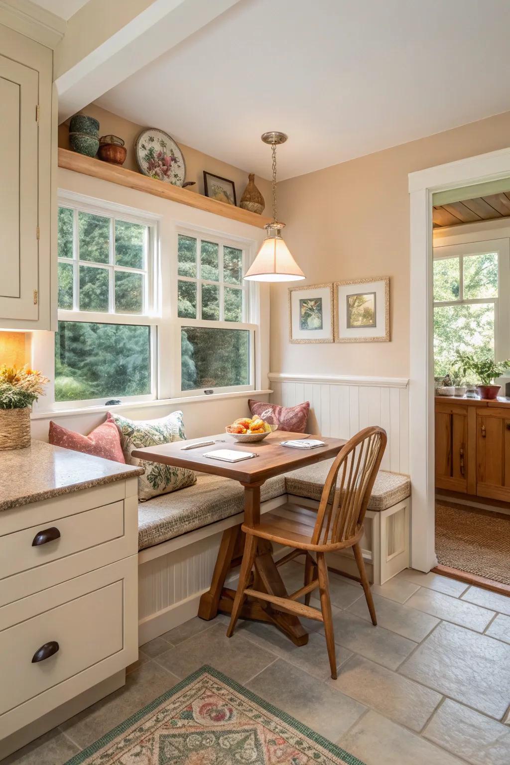 A breakfast corner can enrich charm and utility in your kitchen.