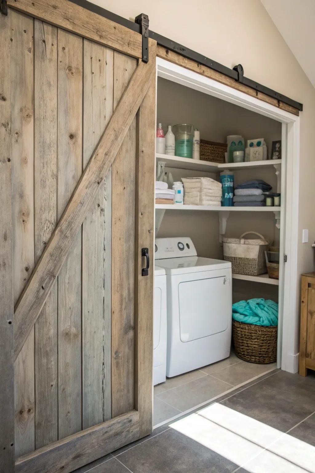 A sliding barn door combines practicality with rustic charm.