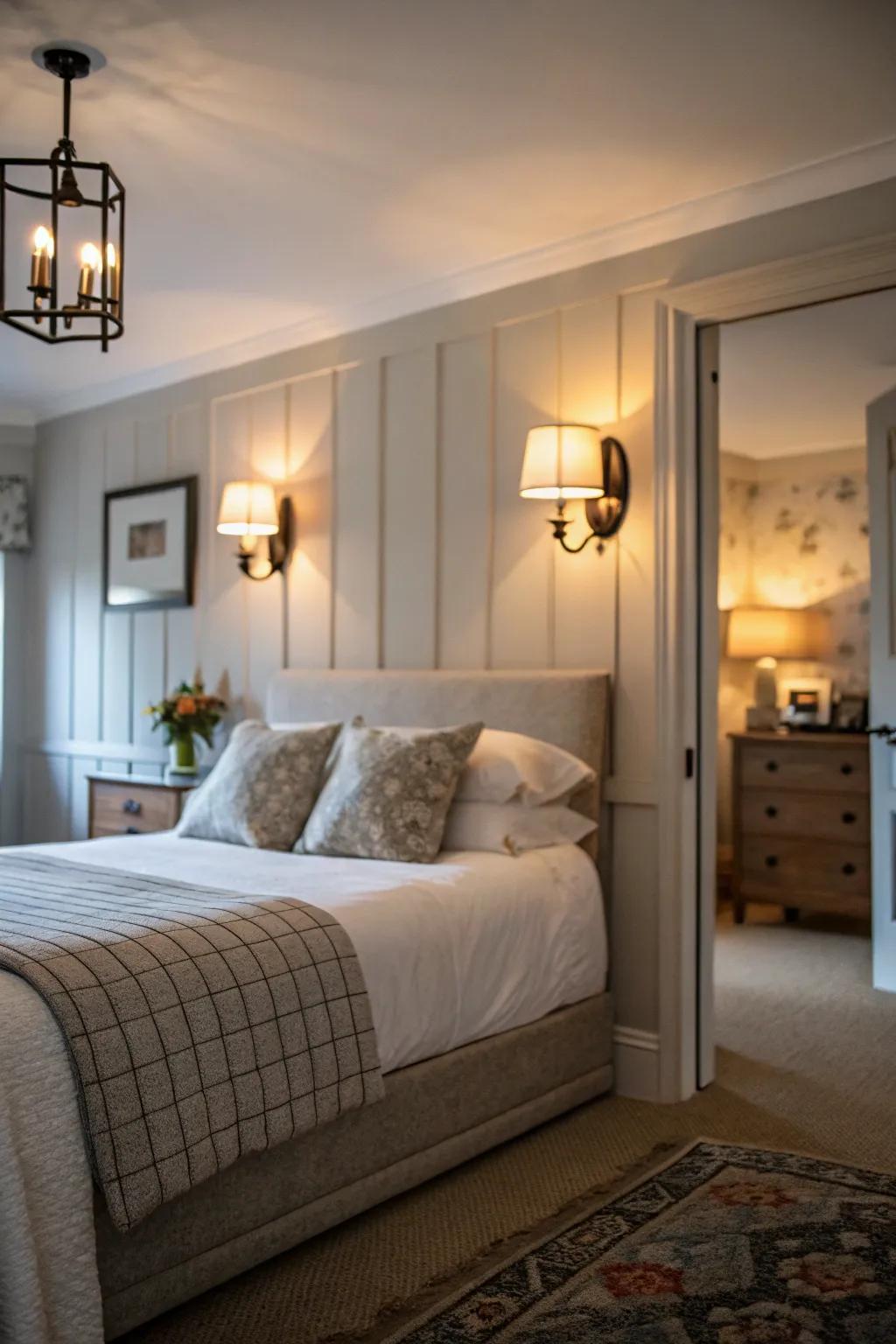 Wall sconces offer mood lighting in a compact master bedroom.