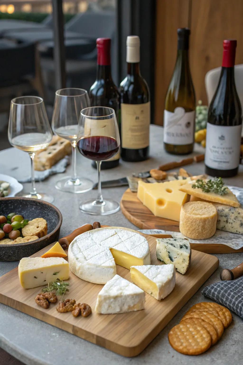 A wine and cheese sampling arrangement featuring an assortment of cheeses and wines.