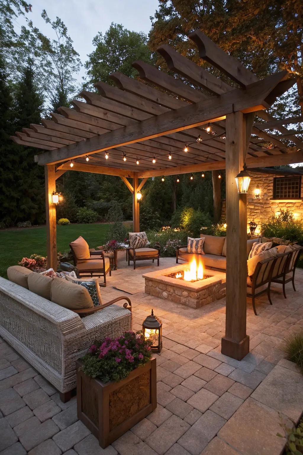 A fire bowl beneath a framework establishes a snug gathering place on a small patio.