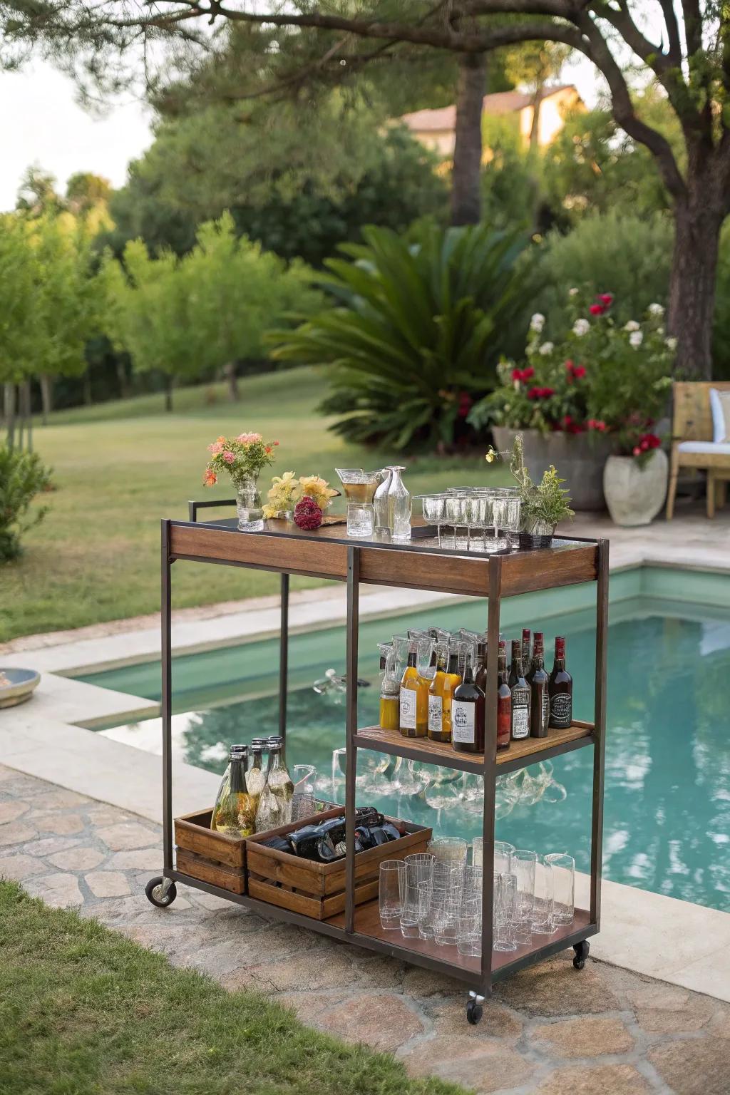 A portable bar trolley provides versatility and ease for poolside entertainment.