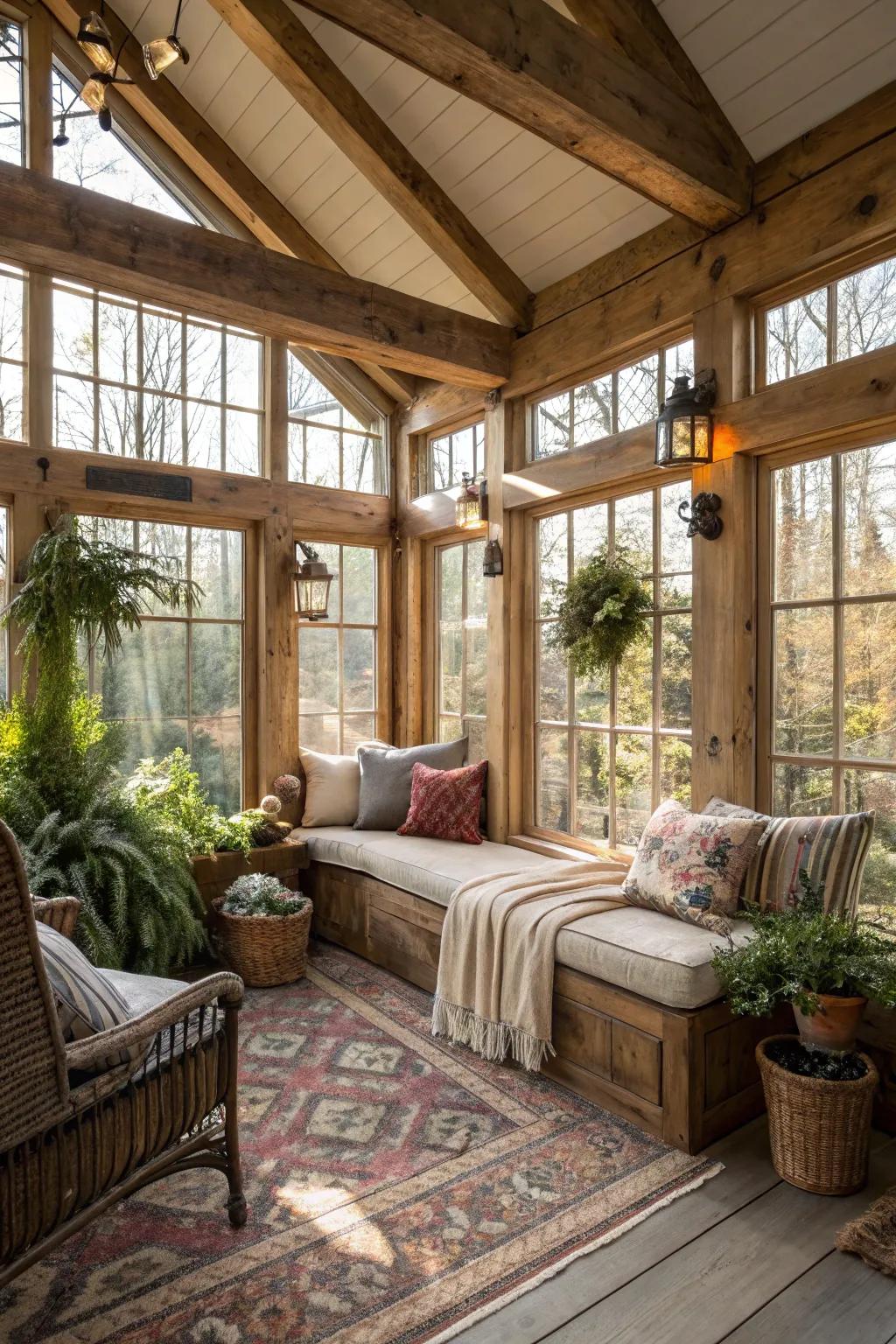 A cozy sitting nook offers a perfect spot for relaxation in this country-style sunroom.