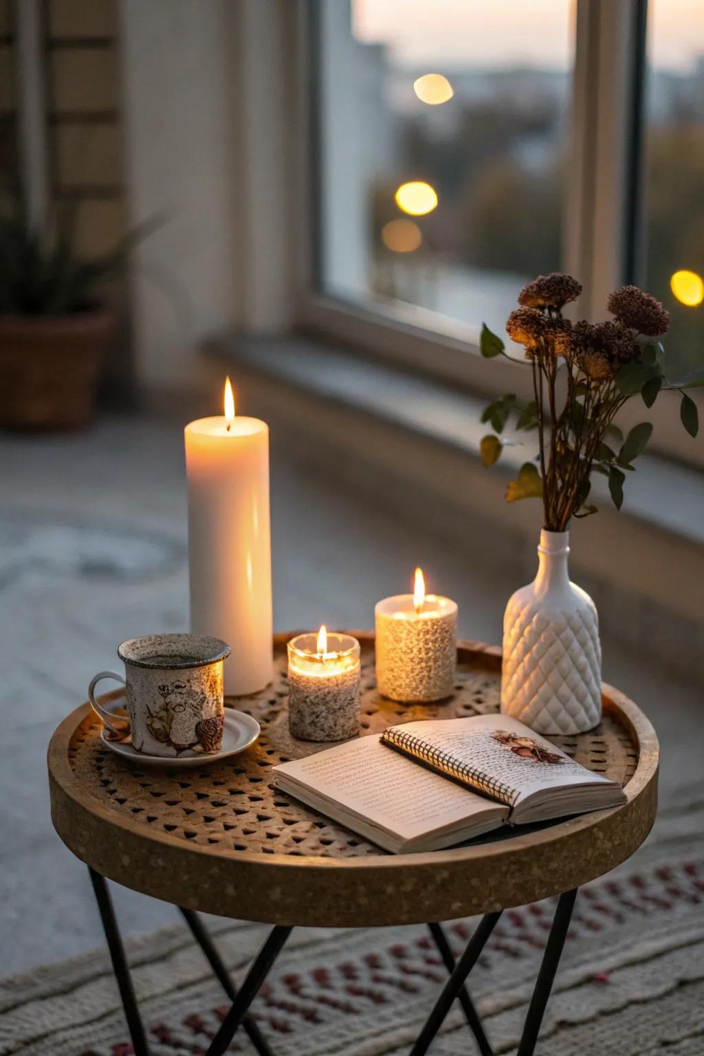Wax lights contribute to the warmth and ambiance of a side table.