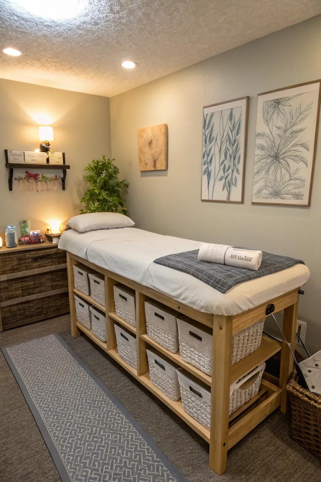 Sub-bed stowing keeps essentials intimate and the space tidy.