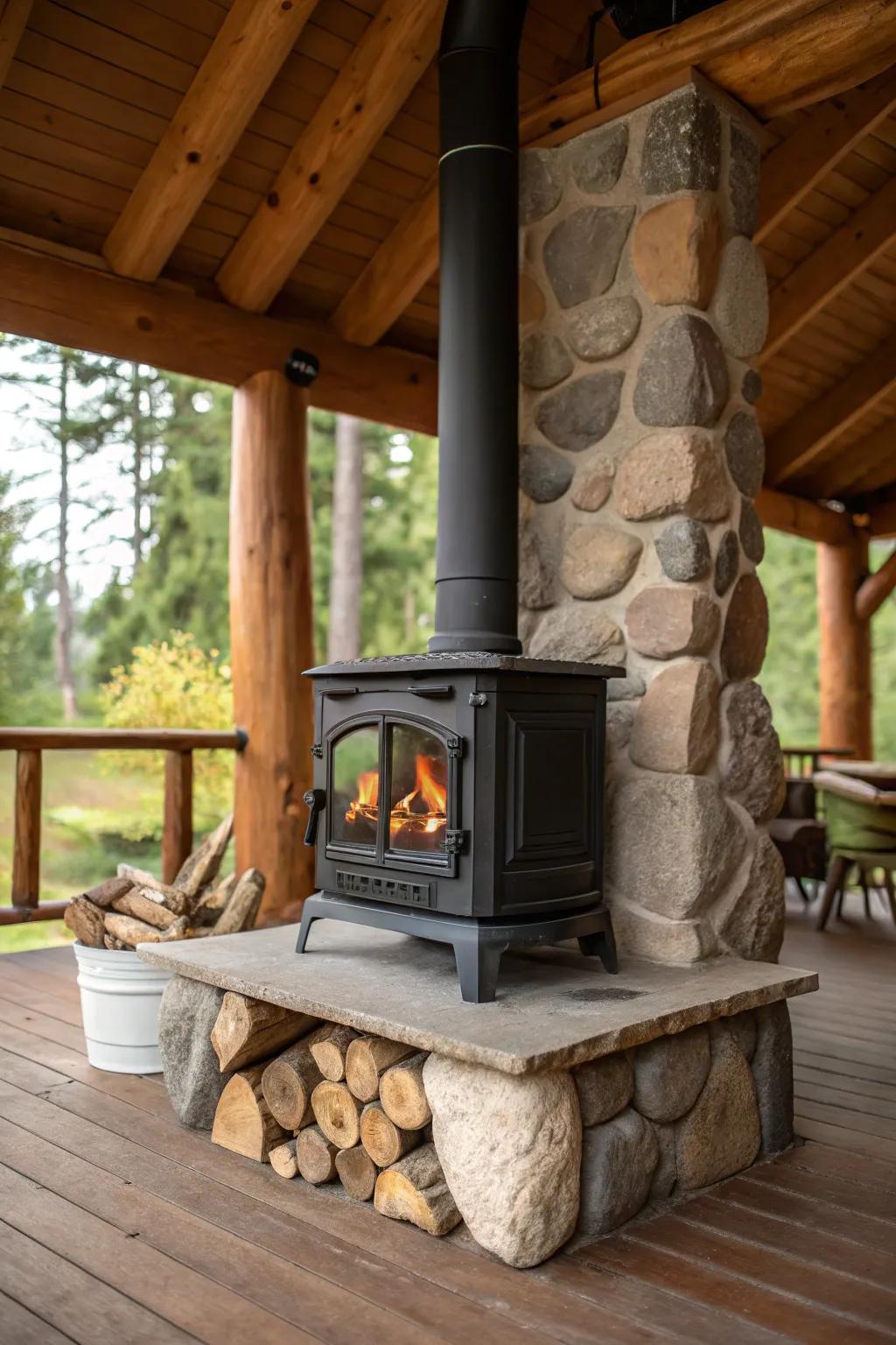 Natural stone elements bring an outdoor touch to an indoor hearth heater setting.