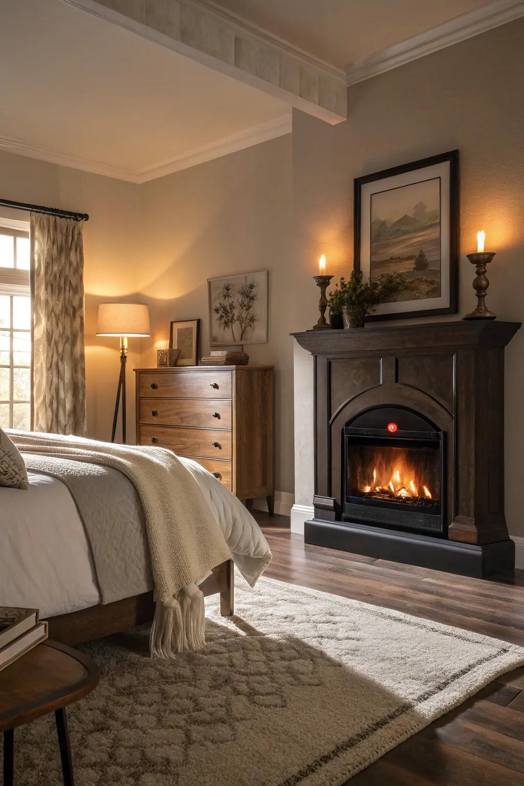 An electric fireplace adds cozy warmth to your bedroom.