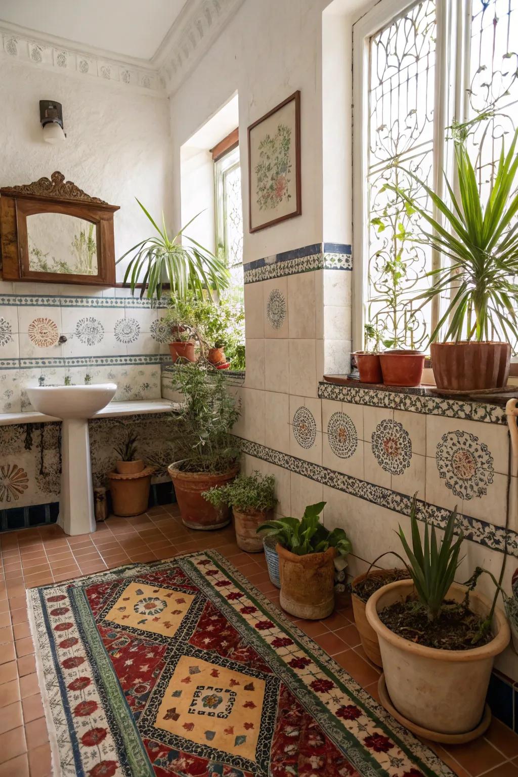 Plants brings life into a Spanish bathroom.