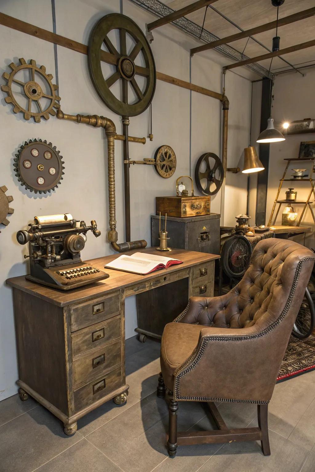 Repurposed industrial furniture adds character and sustainability to this steampunk room.