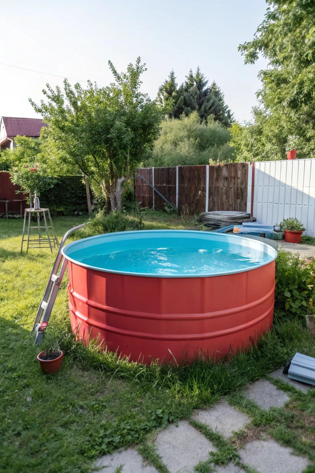 An intense color dramatically alters a water trough pool’s exterior.