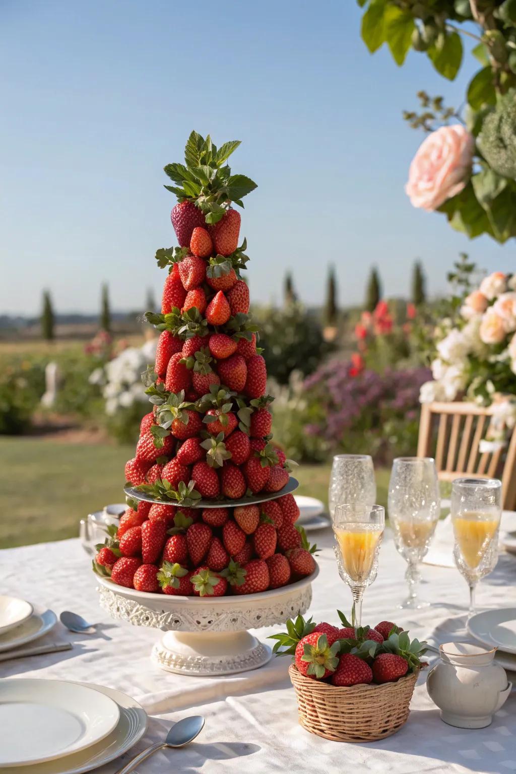 An appealing strawberry tower, ideal for summer events.