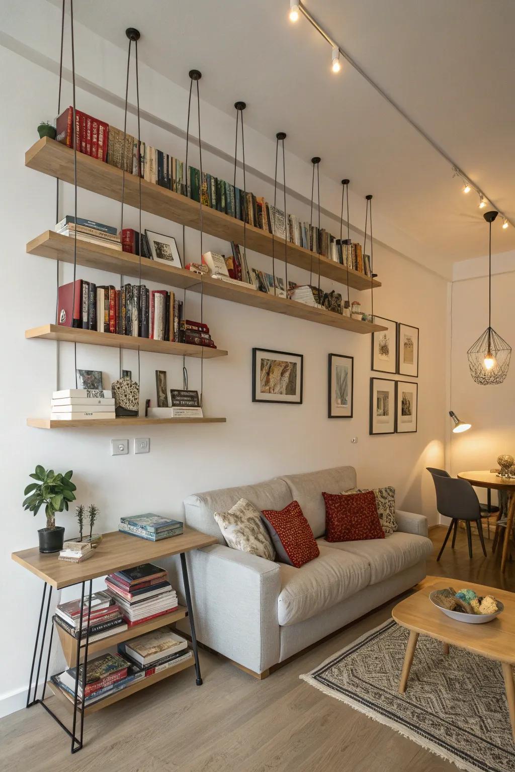 Floating shelves represent a fashionable storage choice.