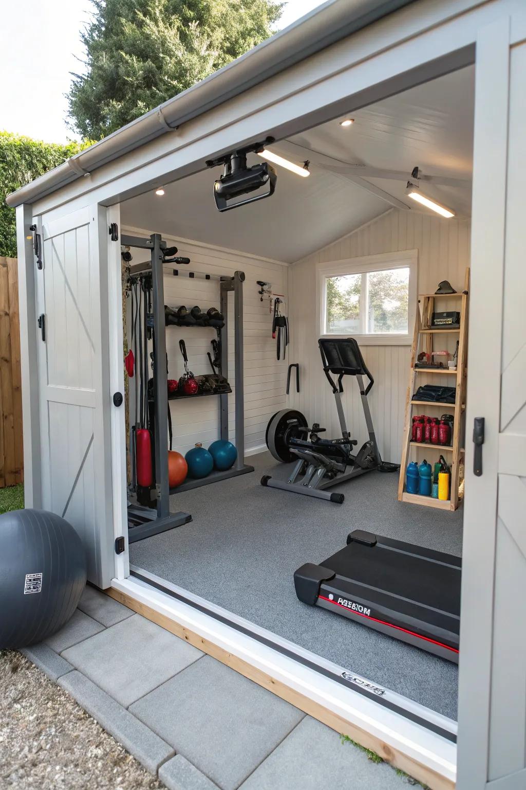 A convenient home gym setup within a studio shed.