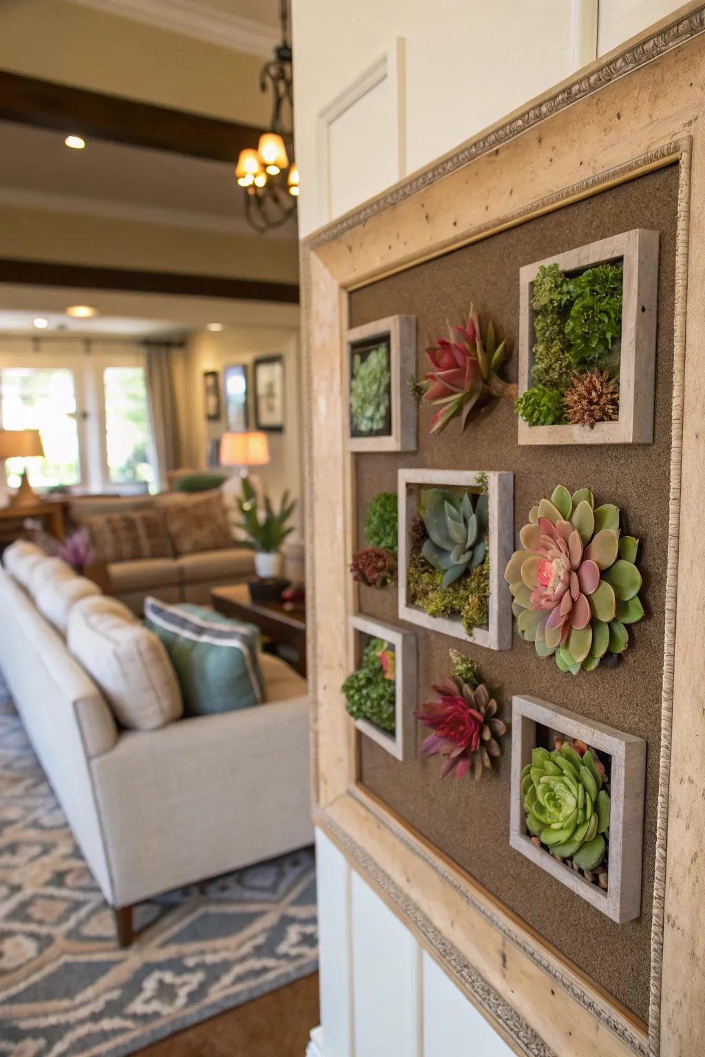 Display frame with succulents contribute depth to your décor.
