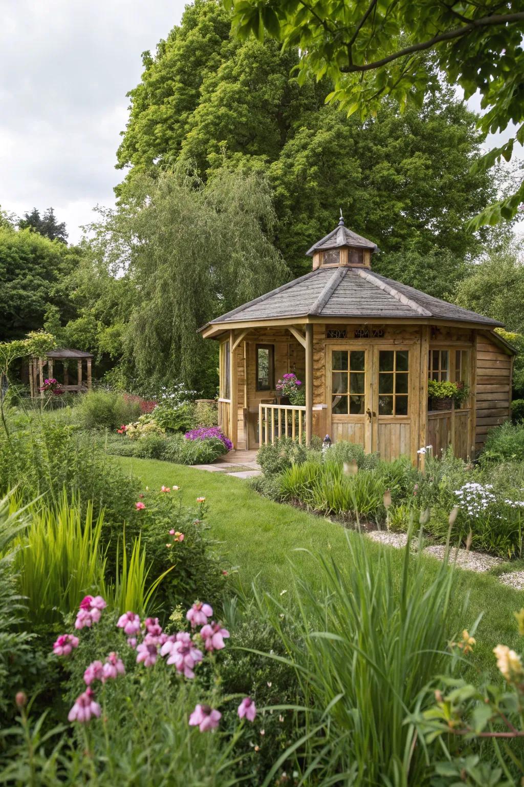 A summer house with an unprocessed timber style, embracing its rustic charm.