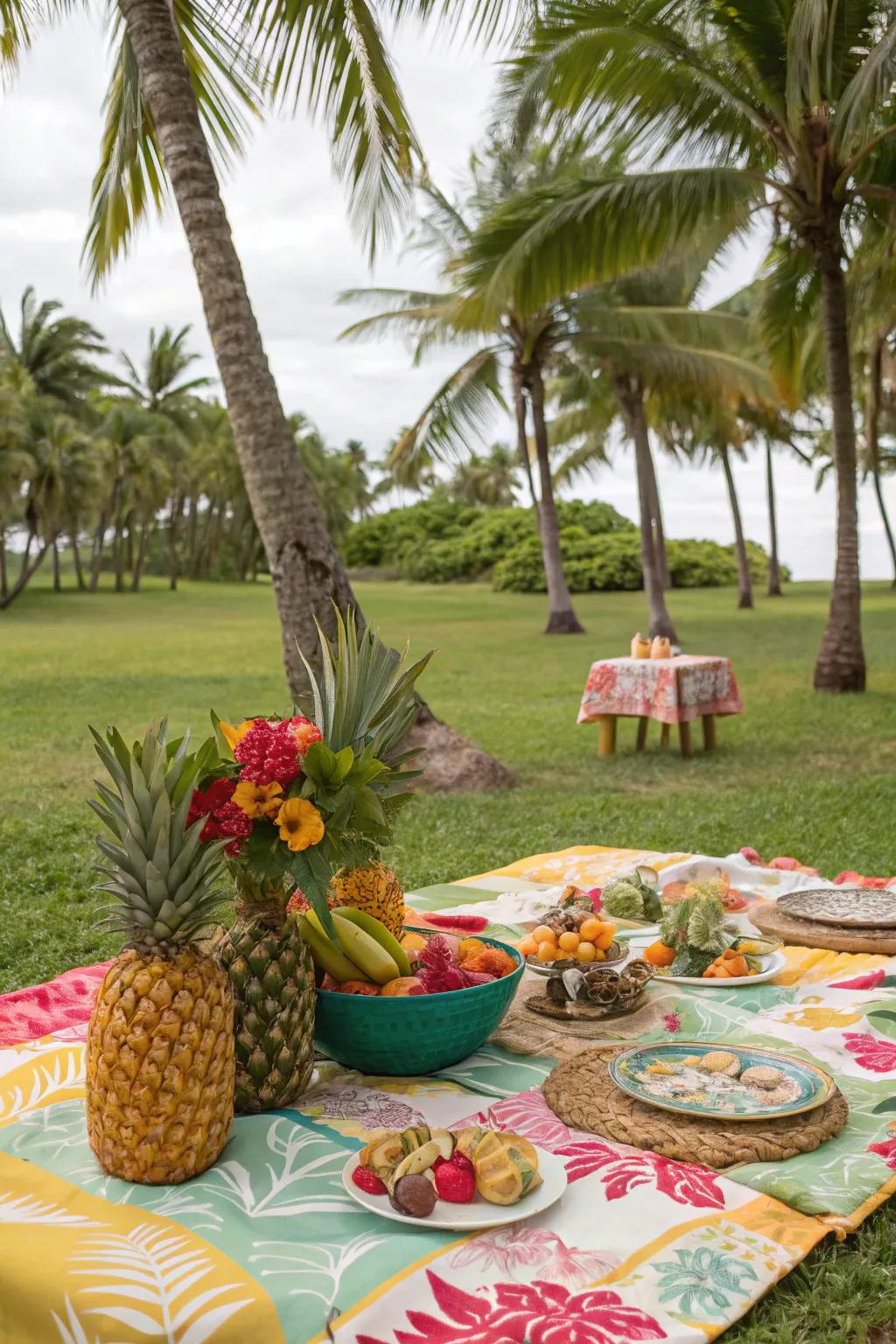 An island getaway picnic with exotic and vibrant decorations