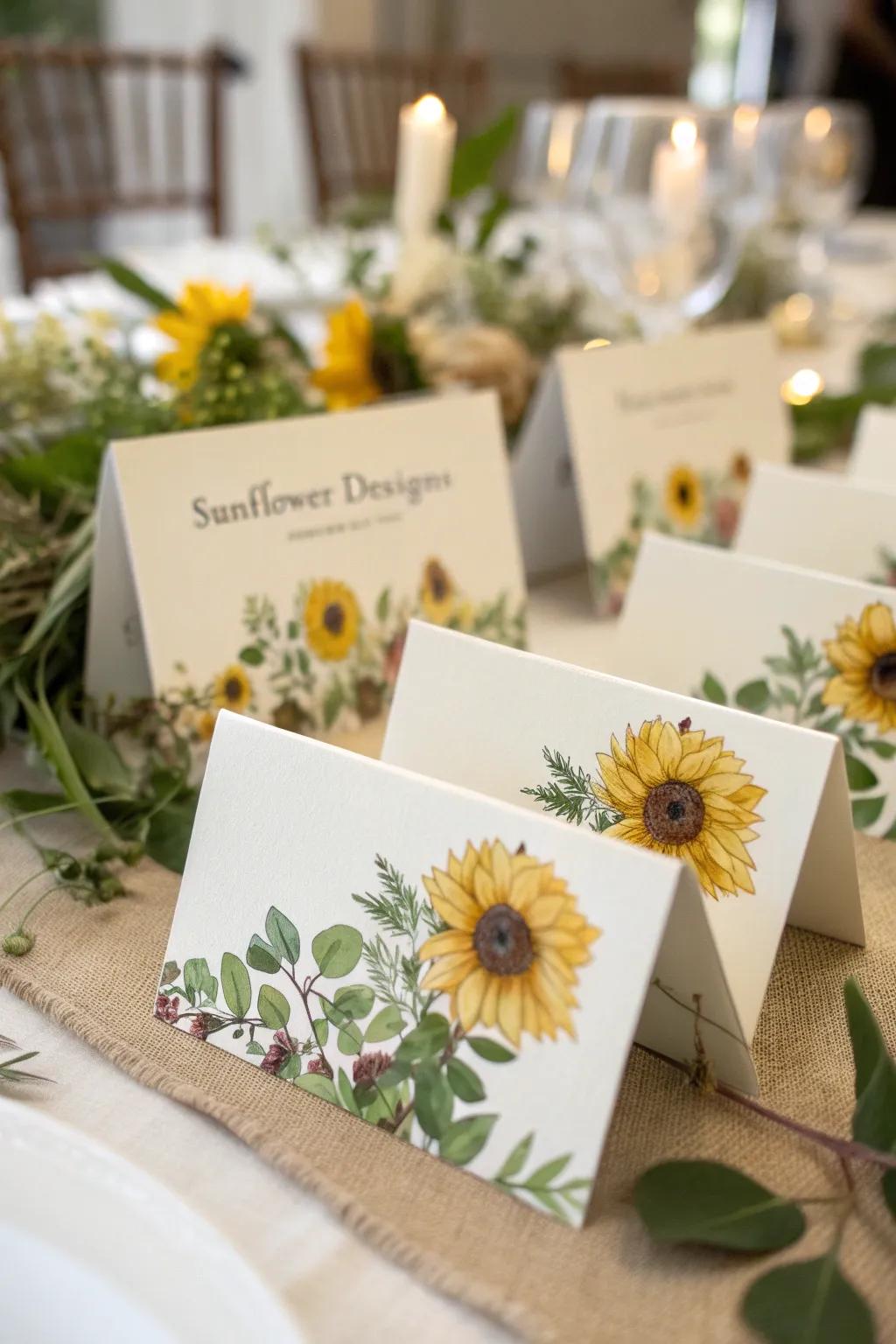 Refined place markers embellished with sunshine bloom motifs.