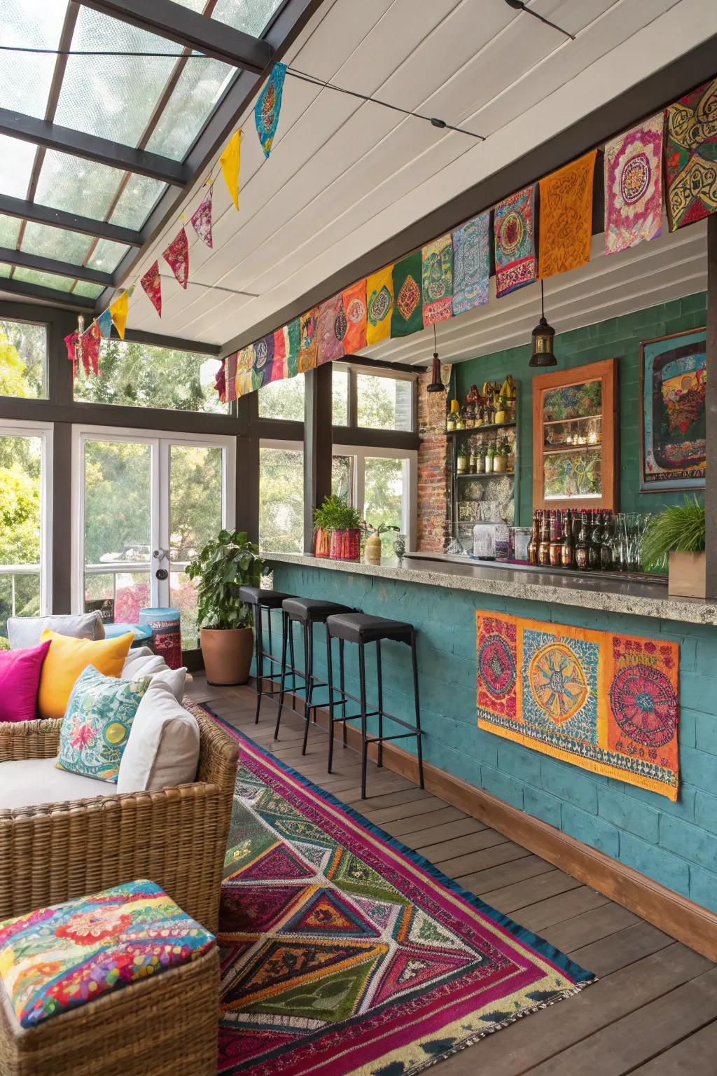 Colorful features add personality and vibrancy to your sunroom bar.