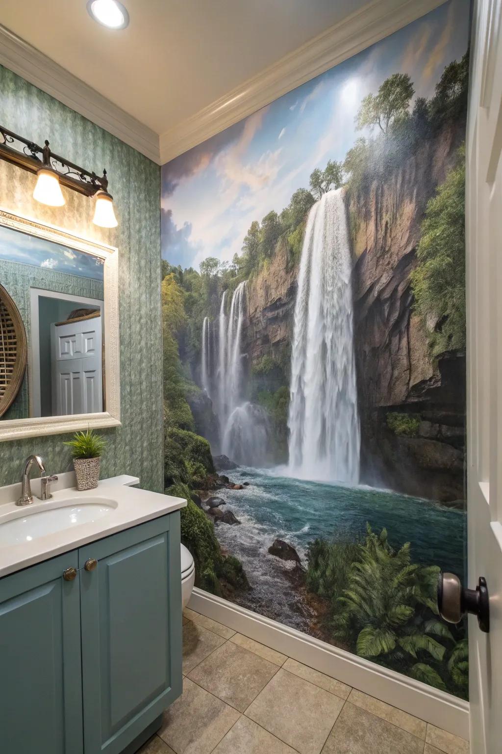 A powder room features cascades flowing upwards.