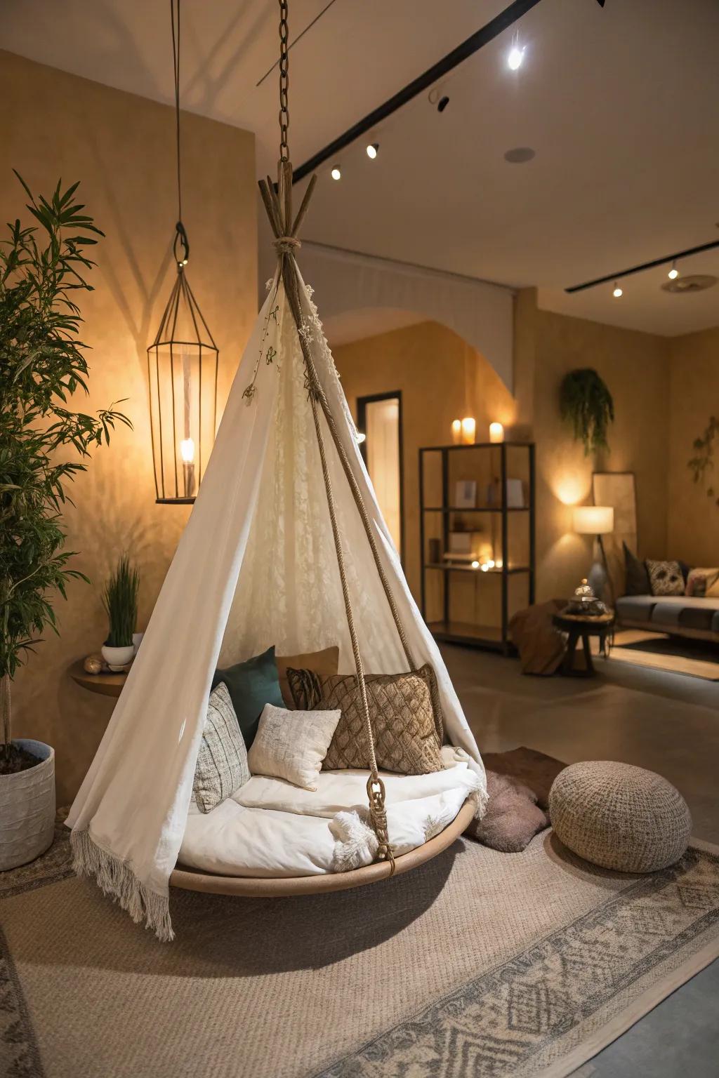 A draped fabric swing provides a unique and relaxing escape within your home.