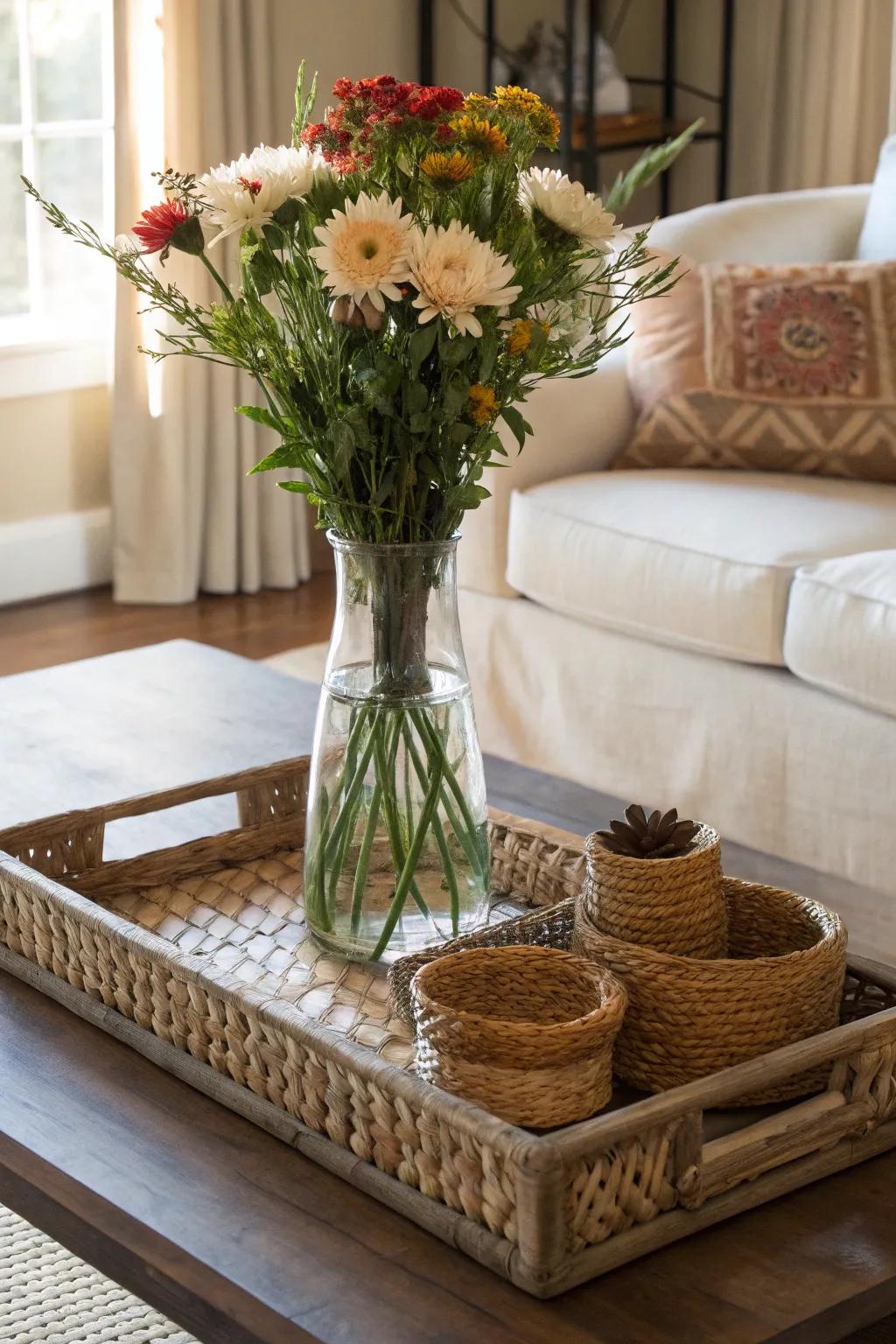 A tall glass vase upon an ornamental tray alongside wicker containers, incorporating a stratified design to a coffee arrangement.