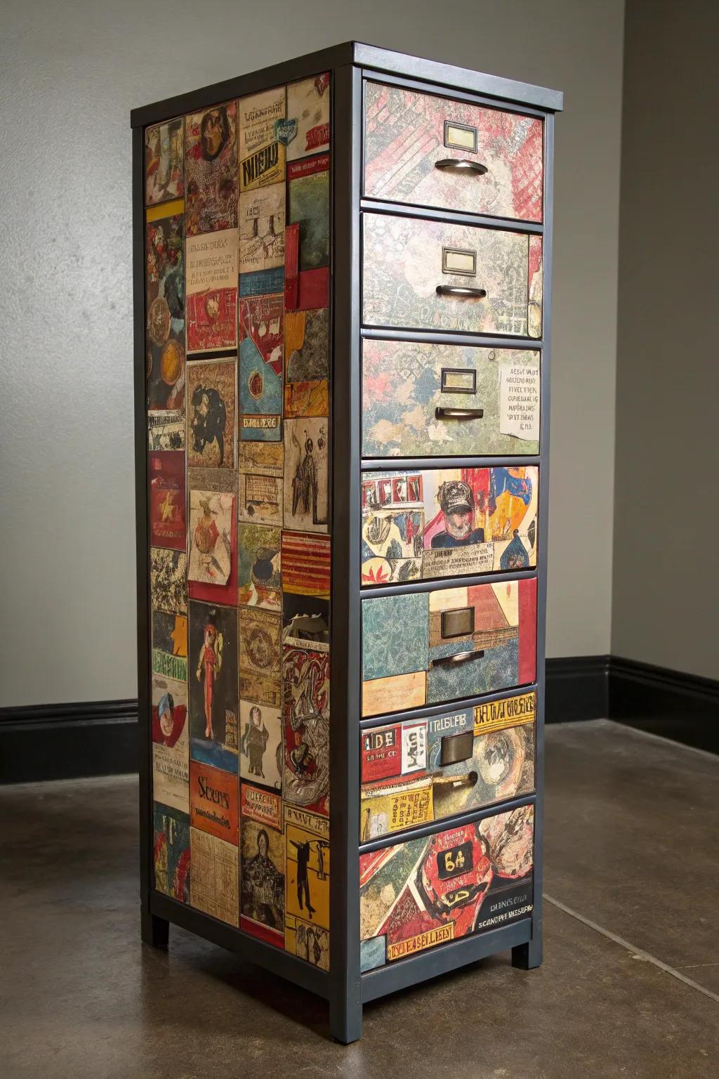 Transform your filing cabinet into a masterpiece with collage design magic.