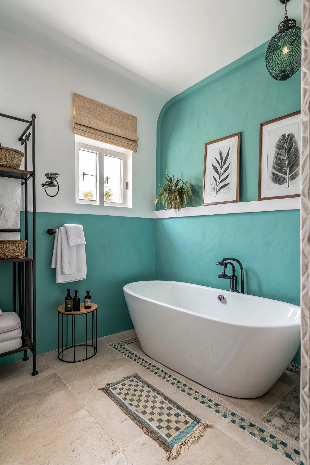 Experiment with hues using dual teal walls.