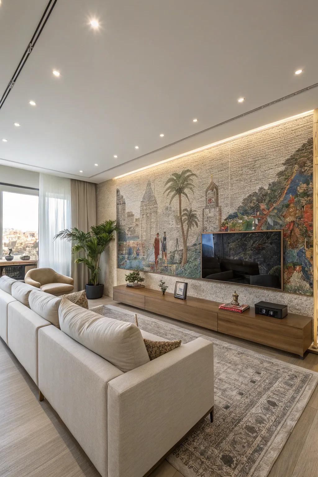 A textured wall mural creates a striking statement in this contemporary living area.